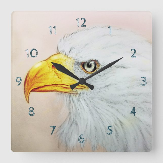 White Eagle Square Clock, Bird Realistic Sketch Square Wall Clock (Front)