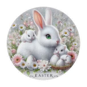 White Easter Bunnies, Eggs, Daisies and a Cross Cutting Board