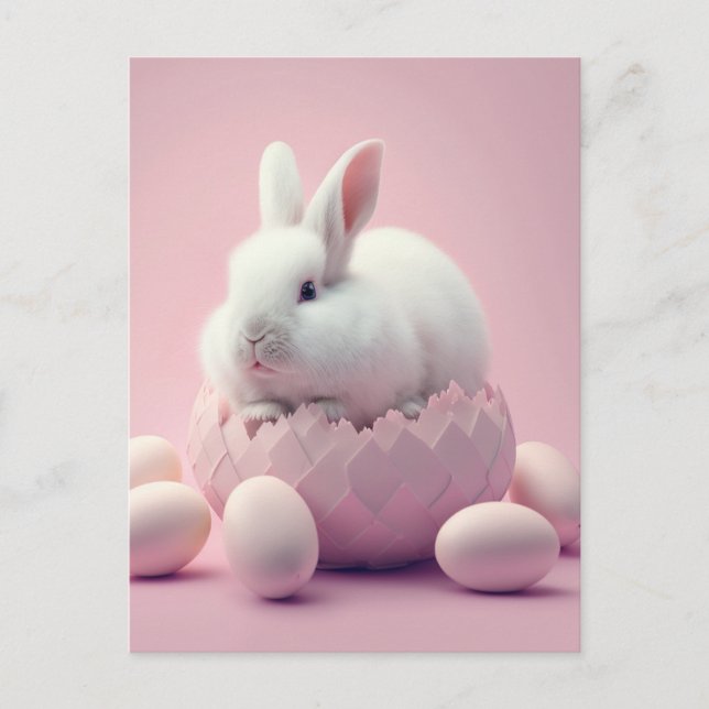 White Easter Bunny and Eggs Pink Background Postcard (Front)