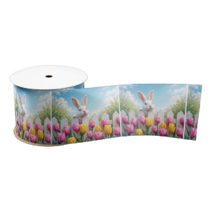 White Easter Bunny In a Tulip Garden Satin Ribbon