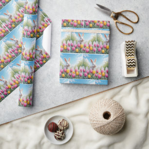 White Easter Bunny In a Tulip Garden Wrapping Paper