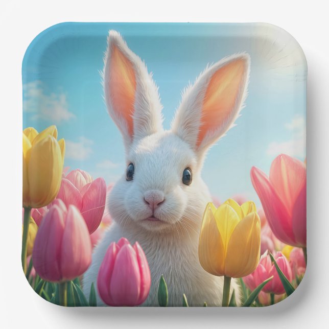 White Easter Bunny In Tulips Paper Plate (Front)