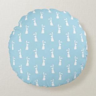 White Easter Bunny Rabbit Ears Pastel Blue Spring Round Cushion