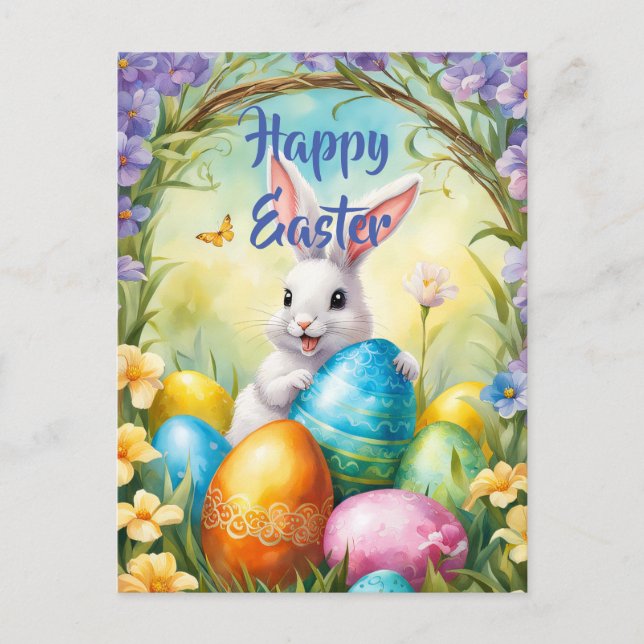 White Easter Bunny with Colourful Eggs Postcard (Front)