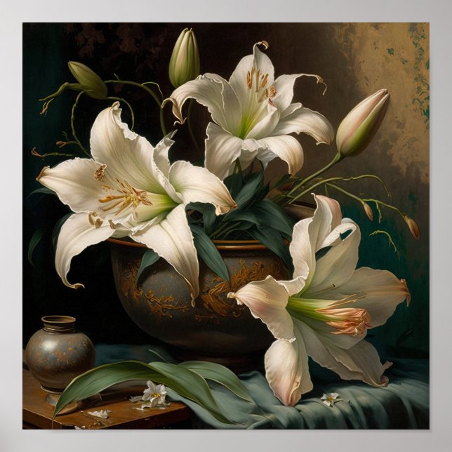 White Easter Lilies Flower Art Print Poster (Front)