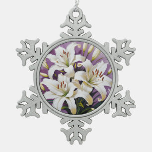 White easter lilies snowflake pewter christmas ornament