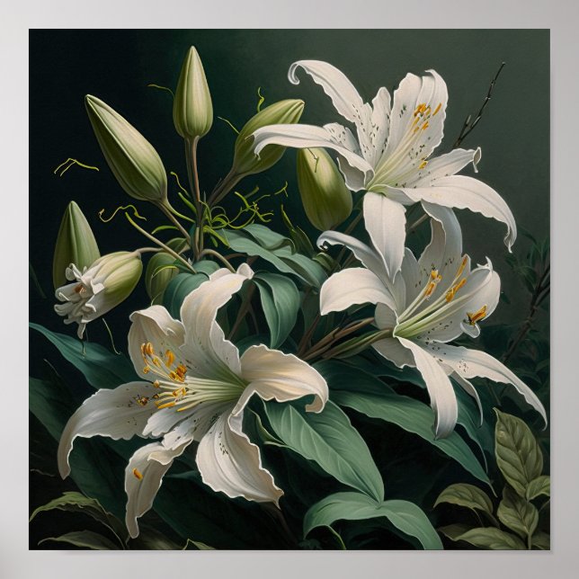 White Easter Lily Flowers Art Print Poster (Front)