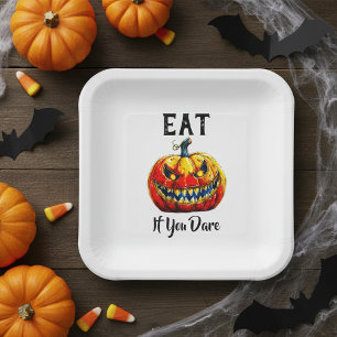 White Eat if you dare Halloween Ghastly Pumpkin Paper Plate