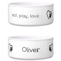 White Eat Play Love Custom Name Dog Bowl