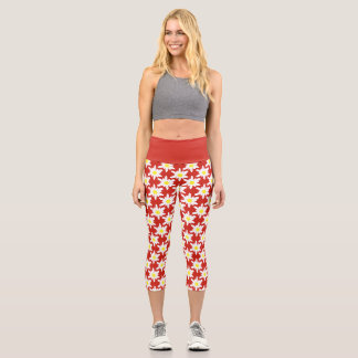 White Edelweiss Flowers Pattern in Red Capri Leggings