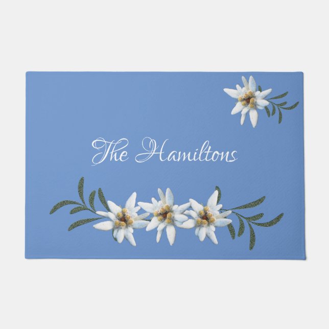 White Edelweiss On Blue Doormat (Front)
