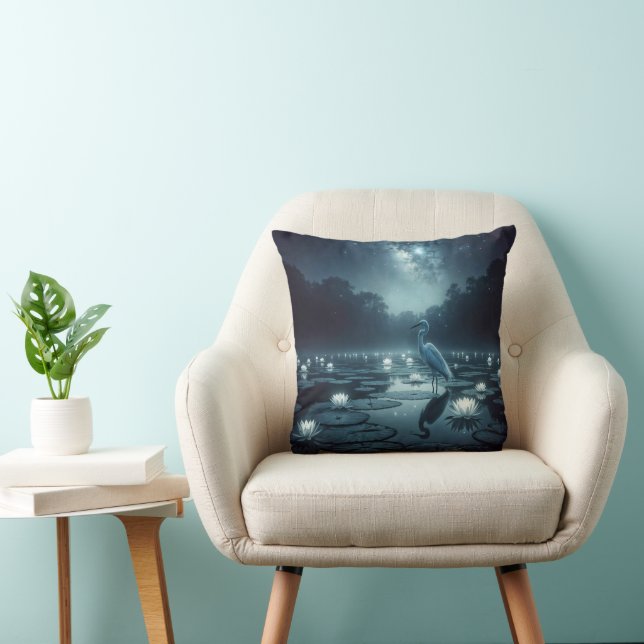 White Egret and Water Lilies In a Pond Cushion (Chair)