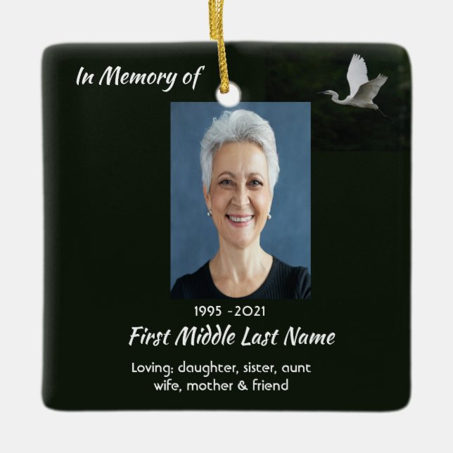 White Egret Bird Memorial Keepsake  Ceramic Ornament (Front)