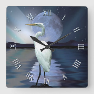 White Egret, Full Moon & Aurora Wildlife Scene Square Wall Clock
