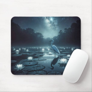 White Egret In Dark Pond Water Mouse Pad