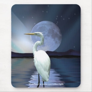 WHITE EGRET, MOON & AURORA Mousepad