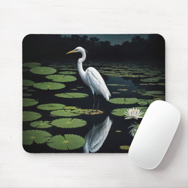 White Egret On Lily Pad Mouse Pad (With Mouse)
