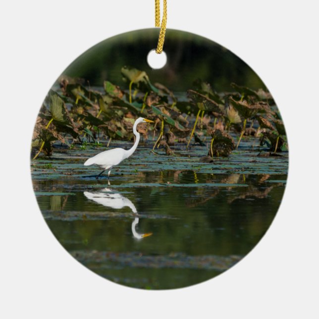 White Egret Reflection Ceramic Ornament (Front)
