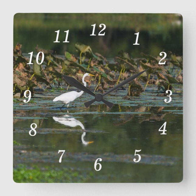 White Egret Reflection Wall Clock (Front)