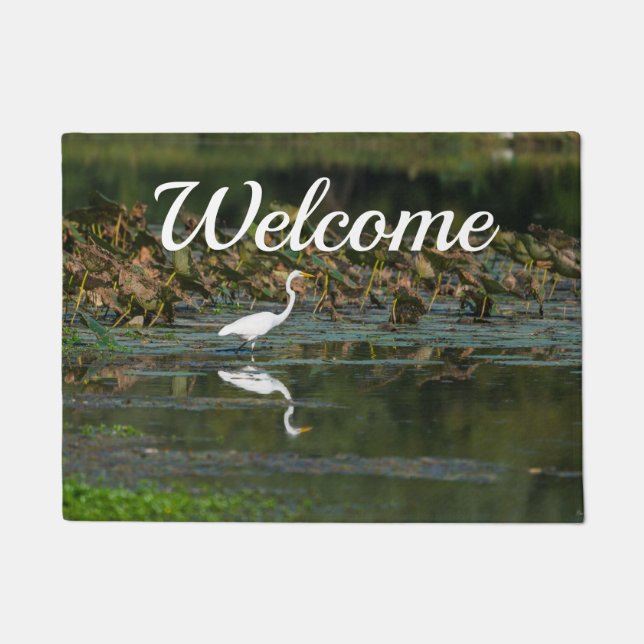 White Egret Reflection Welcome Doormat (Front)