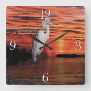 White Egret & Sunset Wildlife Nature Scene Square Wall Clock