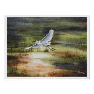 White Egret Watercolor Poster