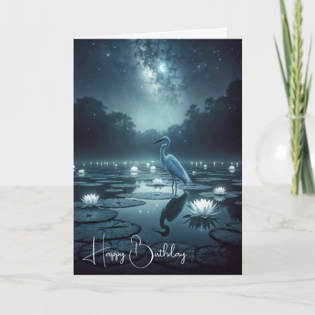 White Egret With Water Lilies Birthday Card (Front)