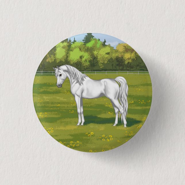 White Egyptian Arabian Horse in Summer Pasture 3 Cm Round Badge (Front)