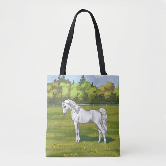 White Egyptian Arabian Horse in Summer Pasture Tote Bag (Front)