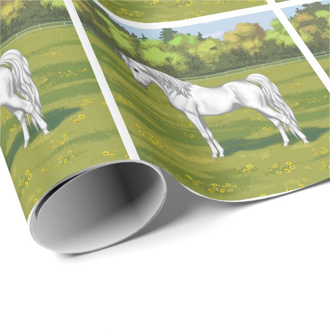 White Egyptian Arabian Horse in Summer Pasture Wrapping Paper (Roll Corner)