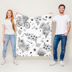 White Elegant Black Floral Patterns Bicycle Modern Fleece Blanket