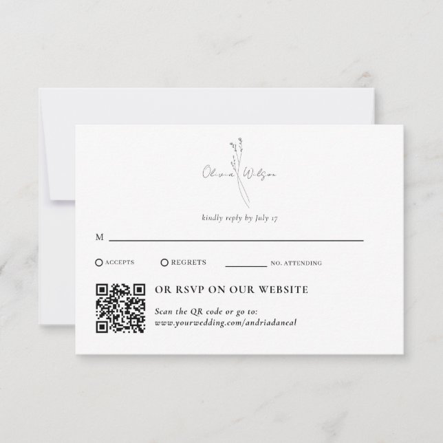 White Elegant Botanical Traditional & QR Code RSVP Card (Front)
