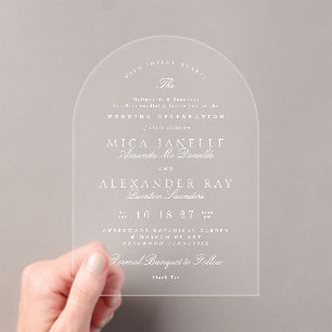 White Elegant Calligraphy Formal Wedding Arch Acrylic Invitations