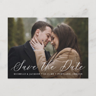 White Elegant Calligraphy Photo Save the Date Announcement Postcard