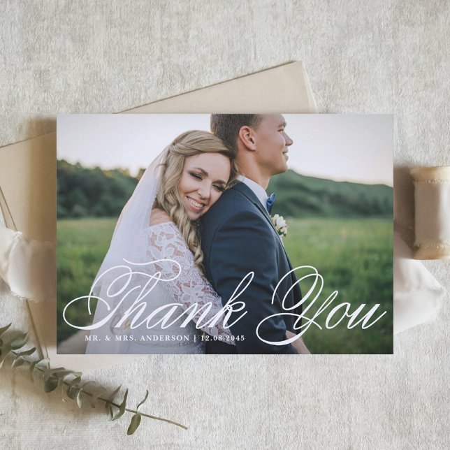 White Elegant Calligraphy Wedding Photo Thank You Card (Creator Uploaded)