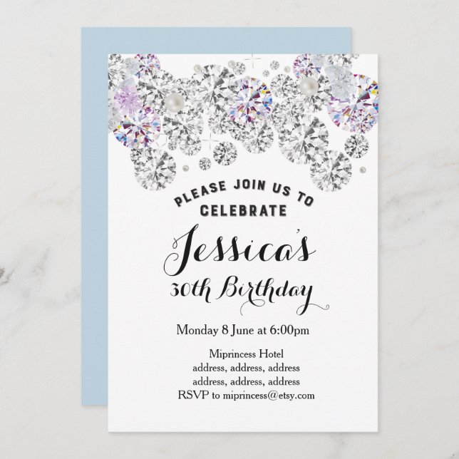 WHITE elegant diamond, glitter birthday invitation (Front/Back)