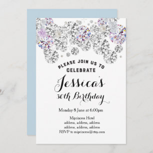 WHITE elegant diamond, glitter birthday invitation