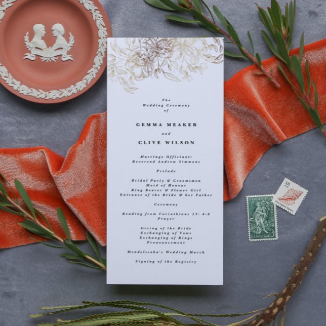 White Elegant Drawn Botanical Wedding Ceremony Program (Creator Uploaded)