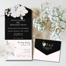 White Elegant Floral Monogram Modern Black Wedding