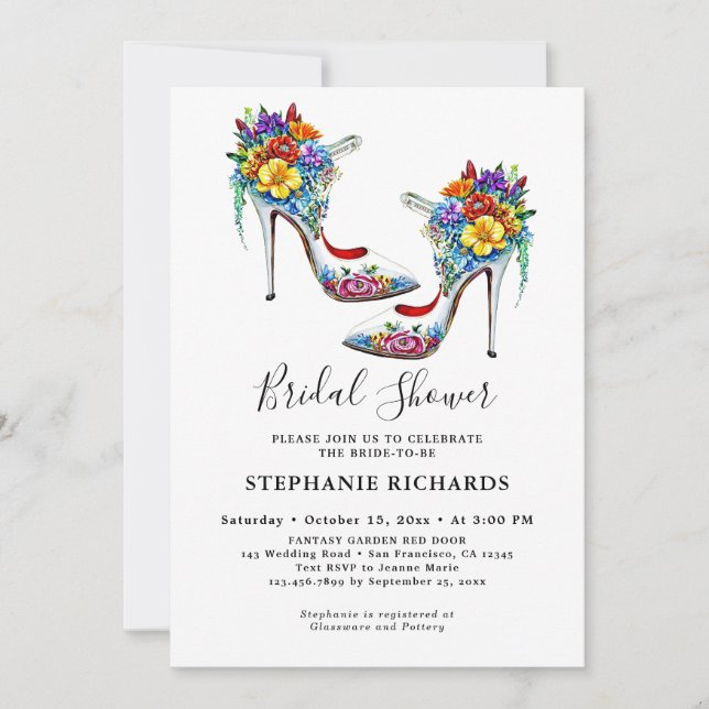 White Elegant Floral Shoe Bridal Shower Invitation (Front)