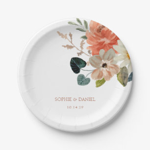 White / Elegant Floral Watercolor Initials Wedding Paper Plate