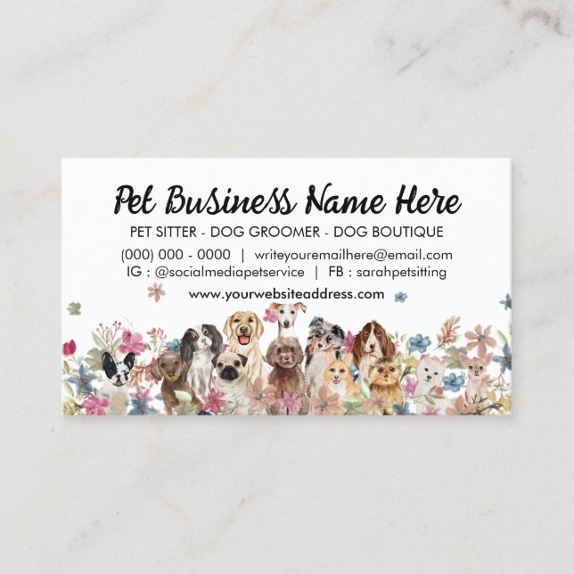 White Elegant Flowers Dog Trainer Business Card (Front)