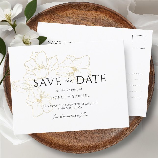 White | Elegant Gold Floral Wedding Save the Date Postcard (Creator Uploaded)