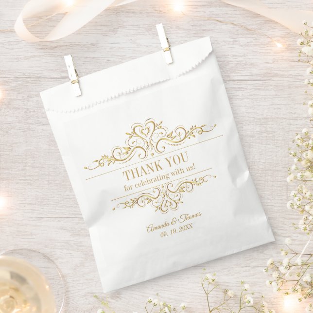 White elegant golden frame wedding favour bag (Clipped)