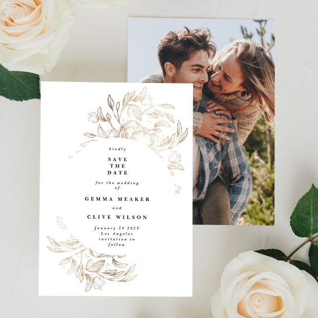 White Elegant Hand Drawn Botanical Wedding Photo Save The Date (Creator Uploaded)