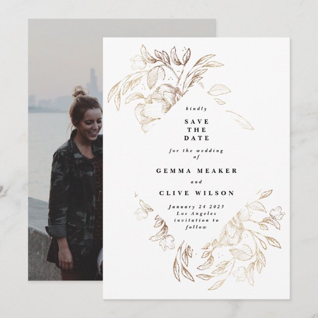 White Elegant Hand Drawn Botanical Wedding Photo Save The Date (Front/Back)