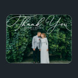 White Elegant Handwritten Script Photo Wedding Magnet<br><div class="desc">Celebrate your love and show gratitude with our customisable photo wedding thank you magnet! This unique keepsake is perfect for reminding your loved ones of your special day while expressing your heartfelt thanks in a memorable way. It features an elegant white script. Personalise by adding your photo and details. This...</div>