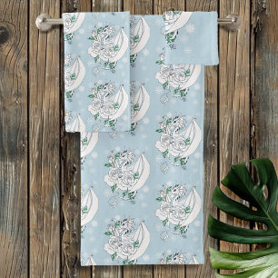 White Elegant Ice Dragon Blue Roses Fantasy Bath Towel Set