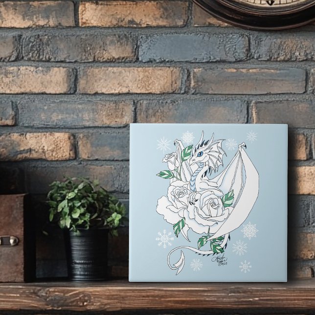 White Elegant Ice Dragon Blue Roses Fantasy Ceramic Tile (Creator Uploaded)