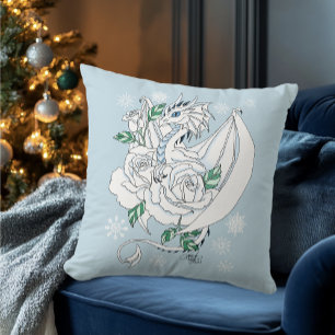 White Elegant Ice Dragon Blue Roses Fantasy Cushion